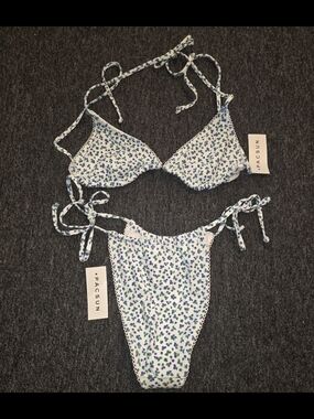PacSun White Bikini Bottom with Blue and Green Floral Print